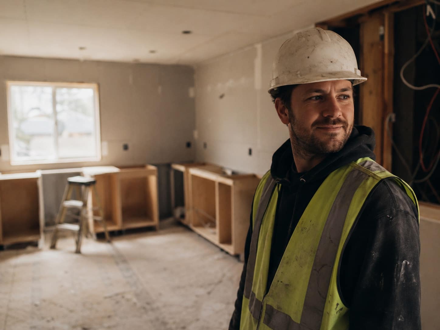 Contractor in a hi-vis vest and hard hat surveying a home renovation in progress