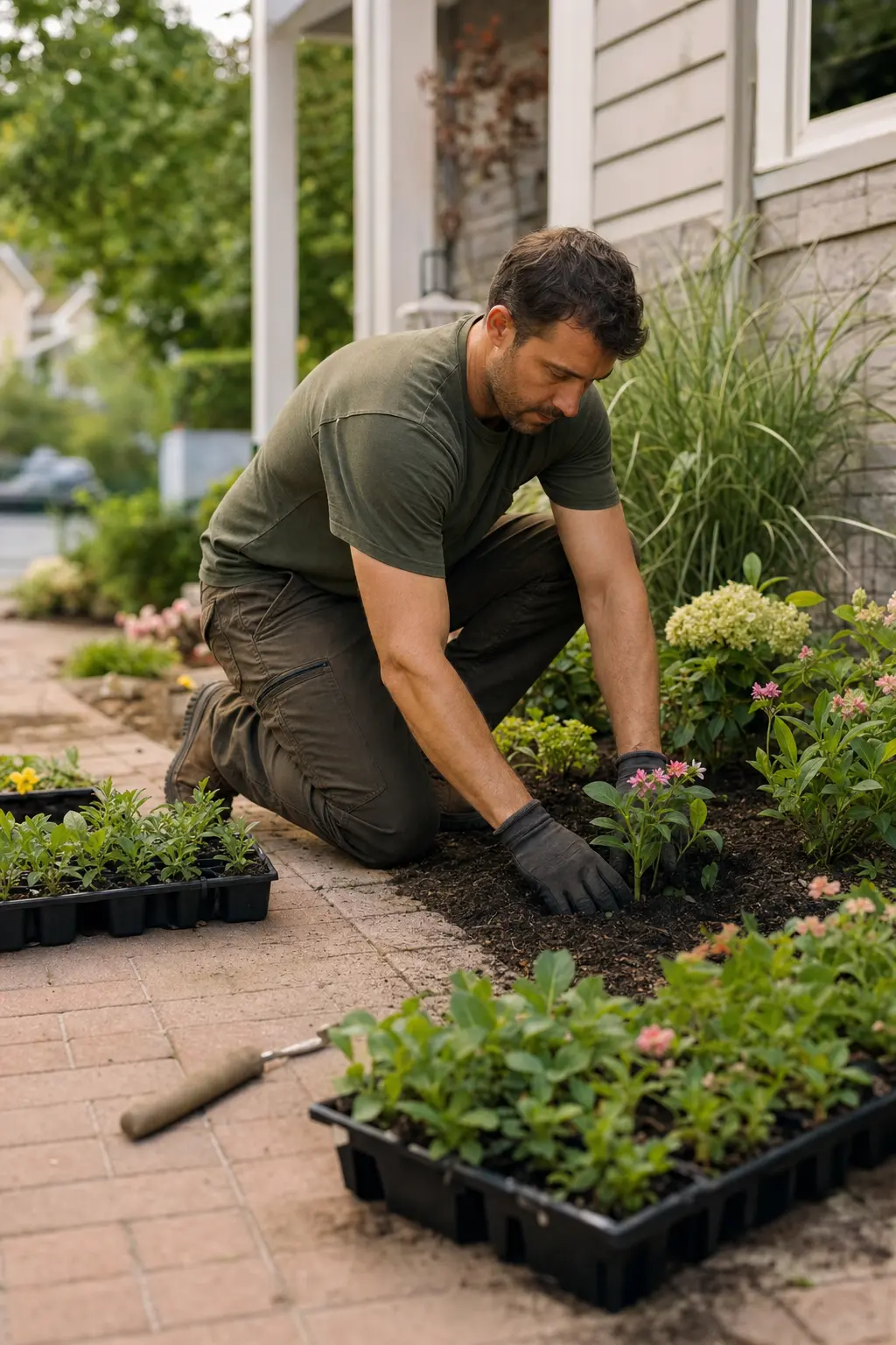 Landscaper kneeling to plant flowers in a garden bed