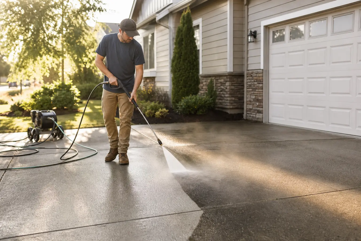 Pressure washing a concrete driveway in front of a home