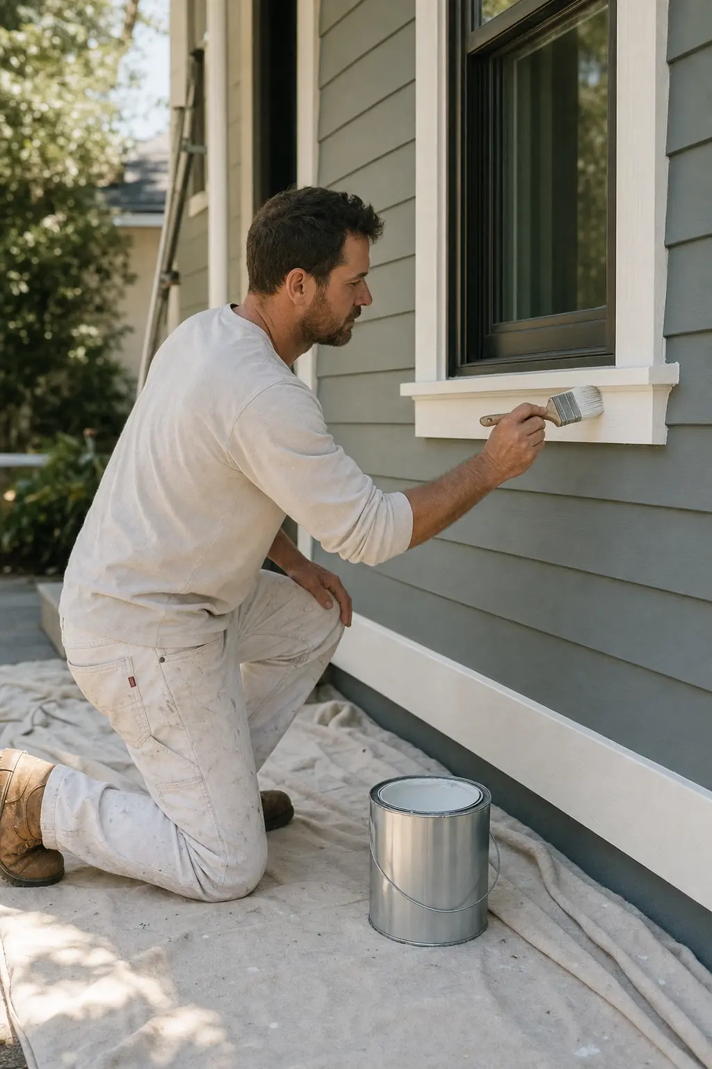 Painter brushing trim along a home's siding
