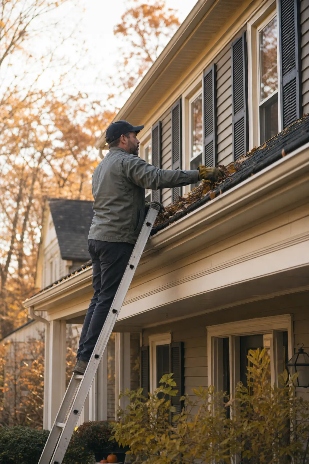 Technician on a ladder clearing leaves from a house gutter